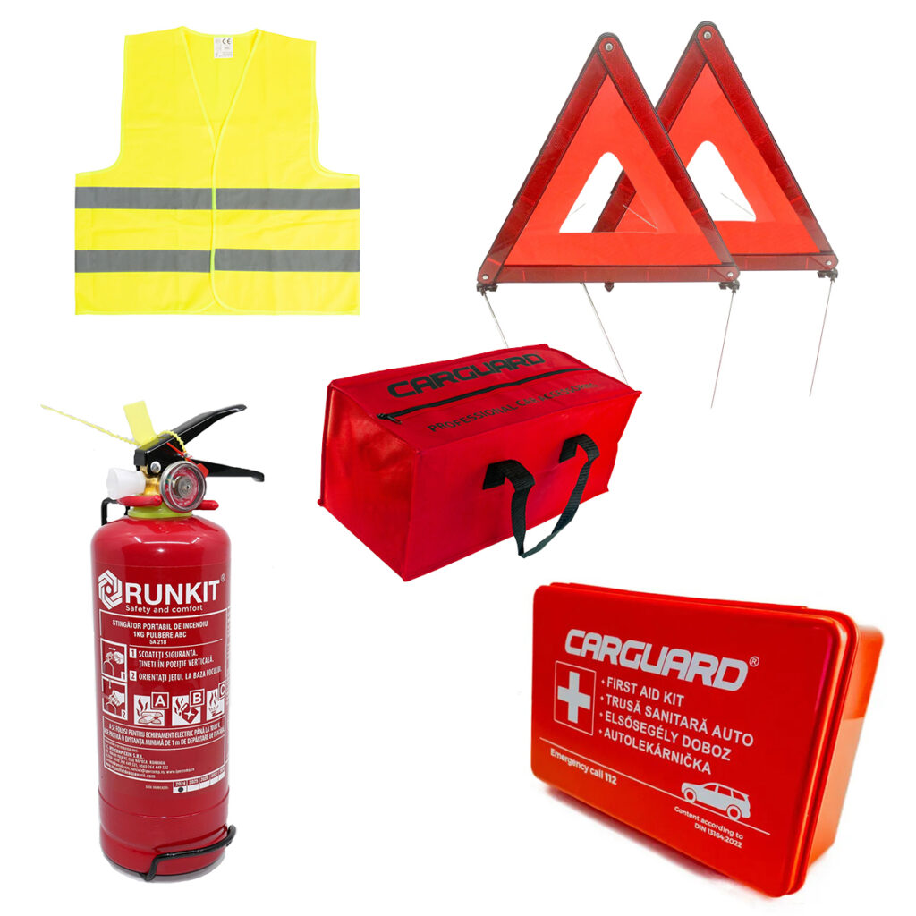 Set Siguranta Auto: Trusa Medicala, Stingator, Triunghiuri Reflectorizante, Vesta si Geanta Organizatoare